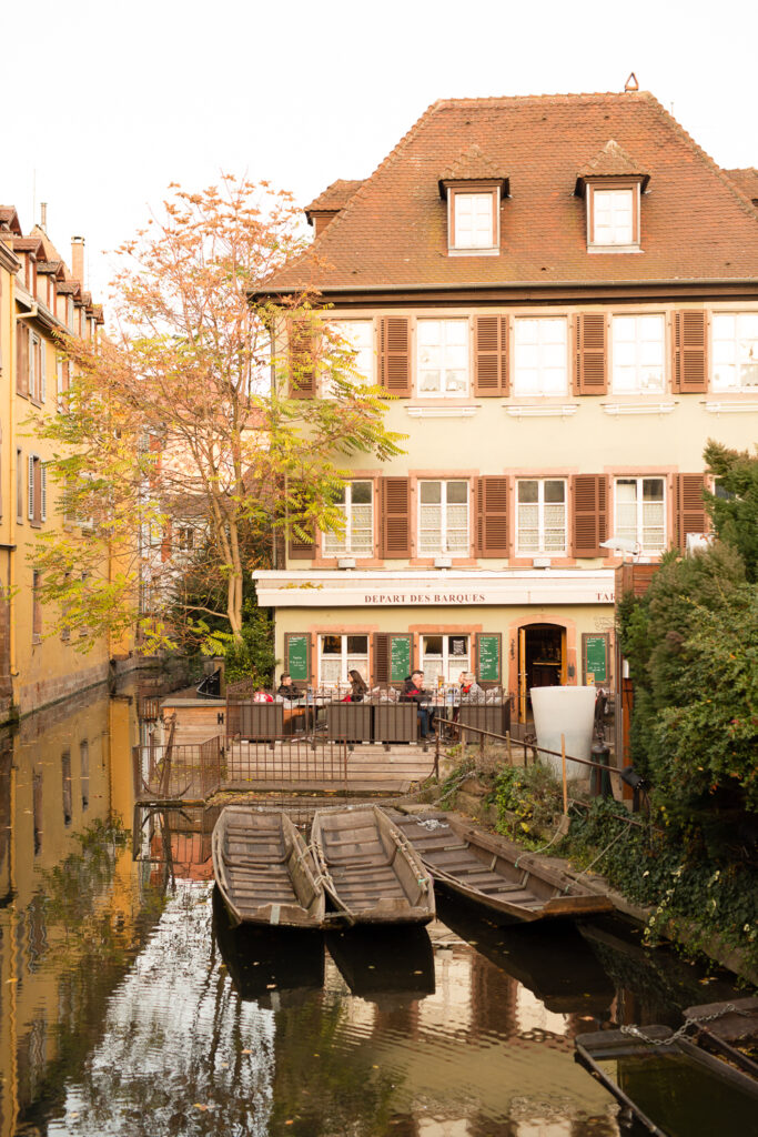 Flat-bottomed boats moored on the canal in Little Venice, Colmar