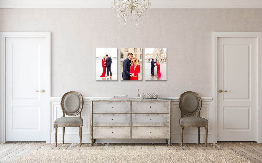 Gallery wall mockup of three canvas portraits from a Paris maternity photoshoot above a console