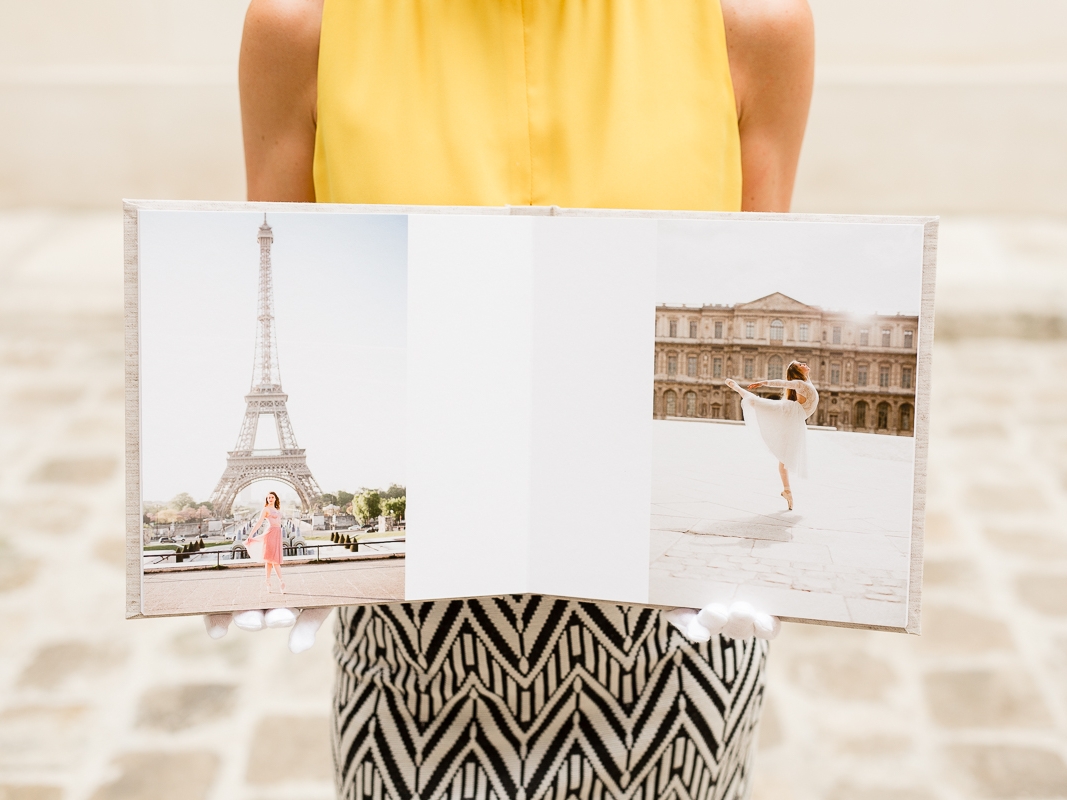 Paris English-speaking photographer creates stunning wall art and fine art album examples showcasing timeless and elegant portraits in iconic Parisian settings.