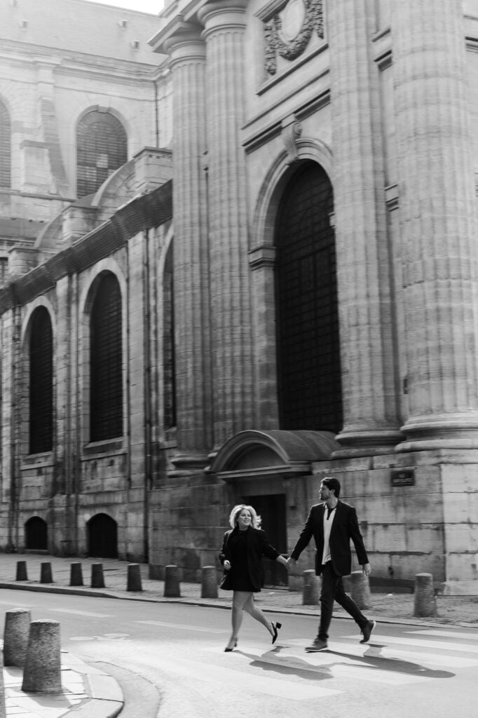 Couple Walking in Saint Germain des Pres in Paris - Romantic Fall Anniversary Photo Shoot