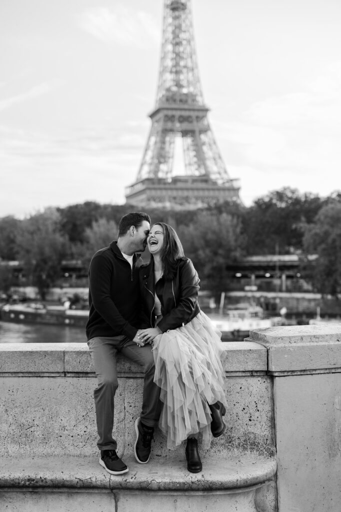 Black and white couples photo for anniversary photo shoot in paris