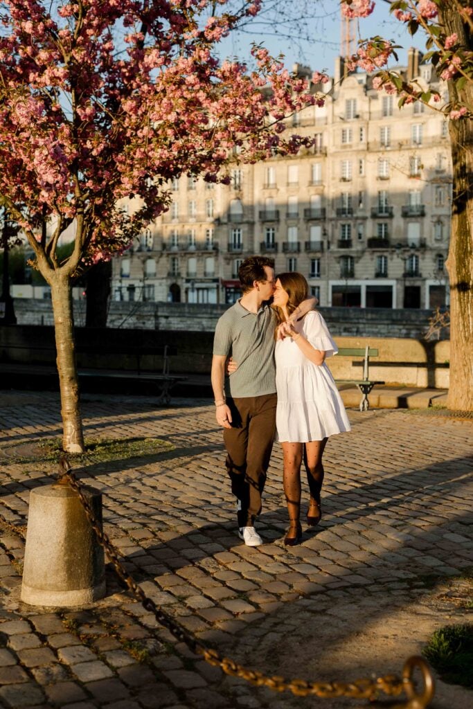 Where to see the cherry blossoms in Paris, Couples photo shoot by Paris photographer Katie DOnnelly Photography