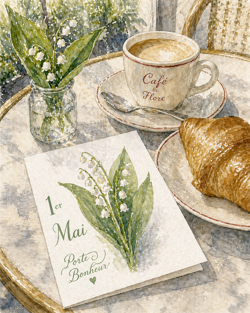 Watercolor image of table at French café with a coffee, a croissant, a lily of the valley flower bouquet, and a 1st May Fête du Muguet greeting card