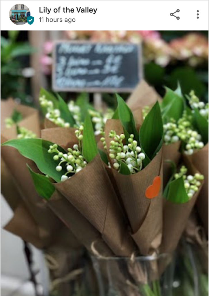 Picture of paper-wrapped lily of the valley flowers on May 1st in Paris for La Fête du Muguet: Lily of the Valley Fleurs Shop Anncouncement 2026