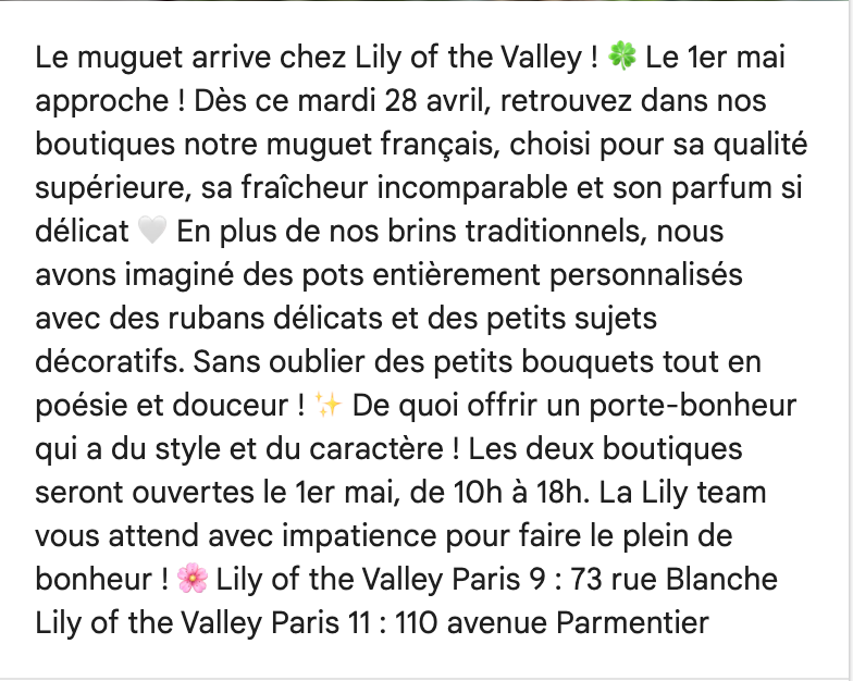 Picture of caption on May 1st La Fête du Muguet florist shop accouncement for 2026 holiday in Paris