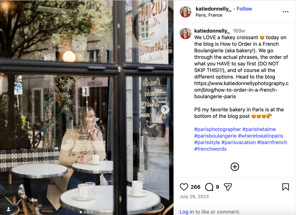 Screen shot of Katie Donnelly Photography Instagram post portrait of client in Paris café