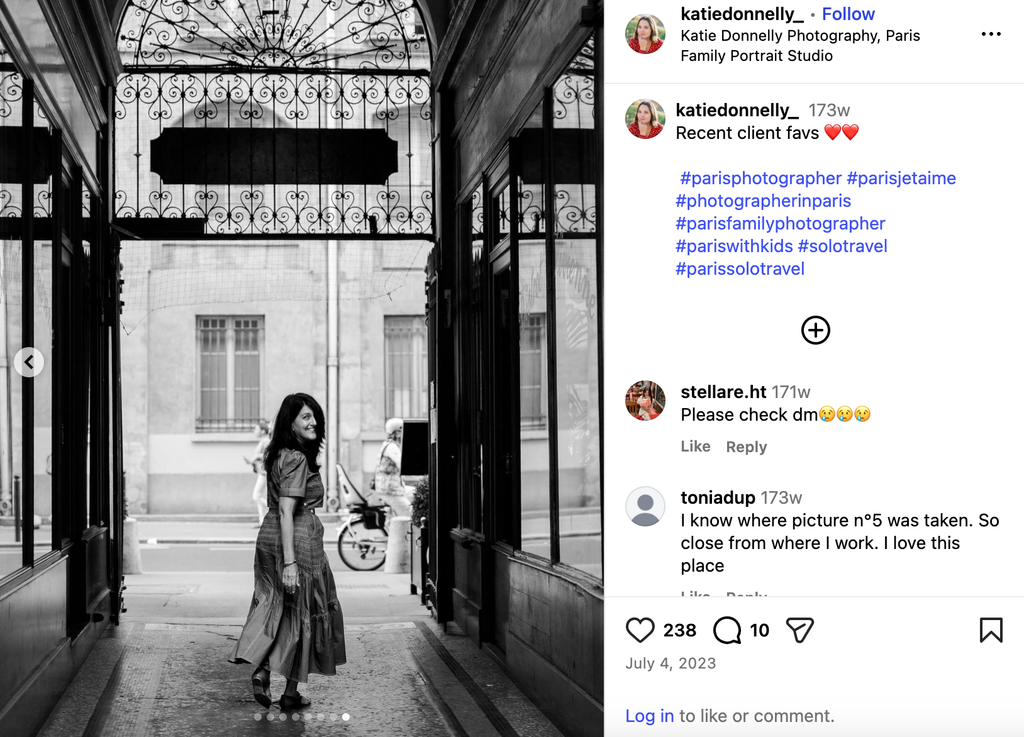 Black and white portrait of woman in Paris doorway by Katie Donnelly Photography: client reference photo from Instagram