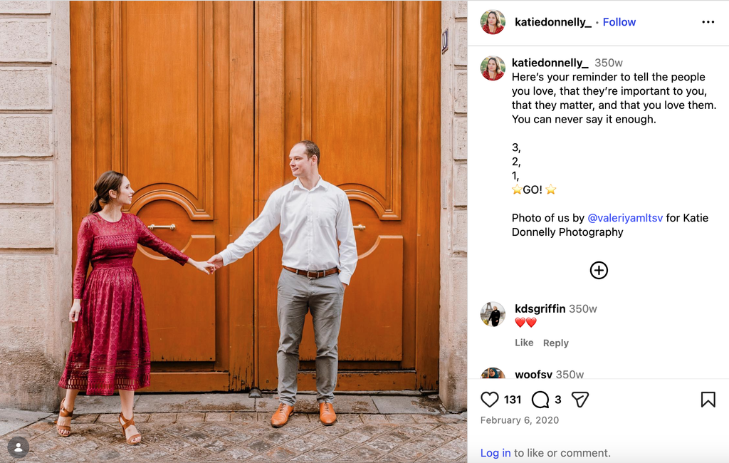 Screenshot of Instagram post by Katie Donnelly Photography with client reference photo of old Paris door