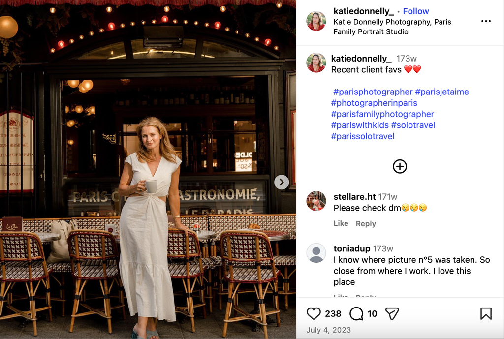 Screenshot of Katie Donnelly Photography Instagram post of client outside of Paris café