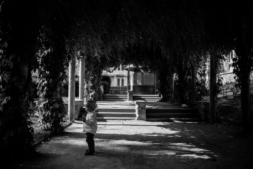 Black and white photo of a small child standing off-center on a tree-lined garden path, an example of the rule of thirds