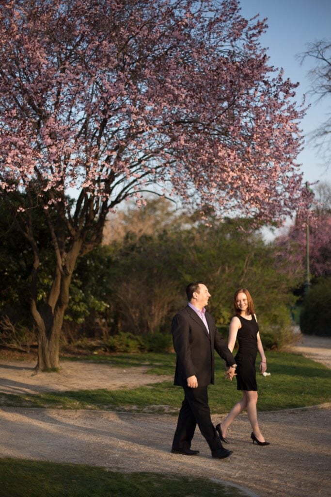 Couple walking hand in hand under a blossoming pink tree in a Paris park