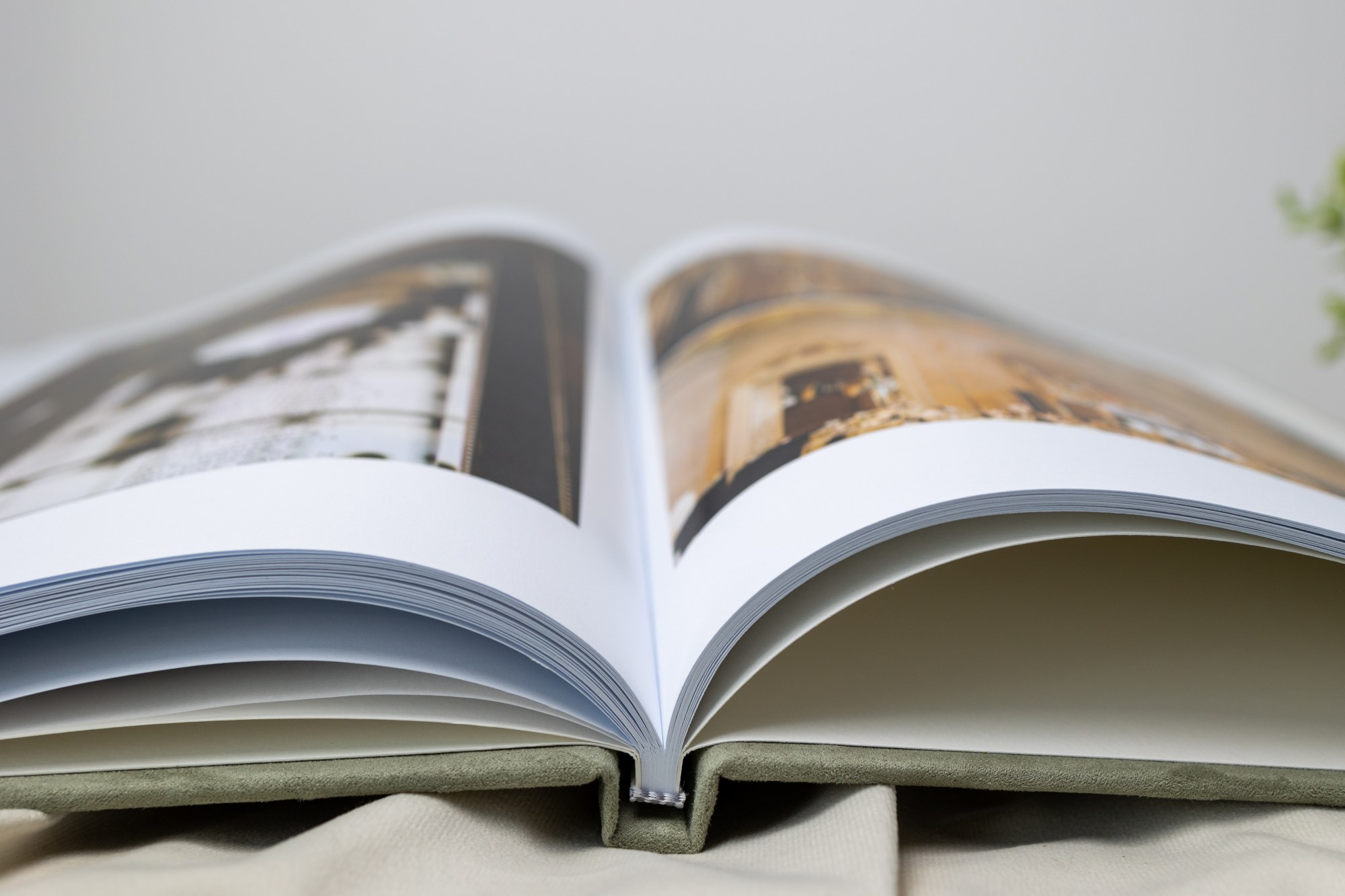 Close-up of the lay-flat binding of an open heirloom album with a sage green cover