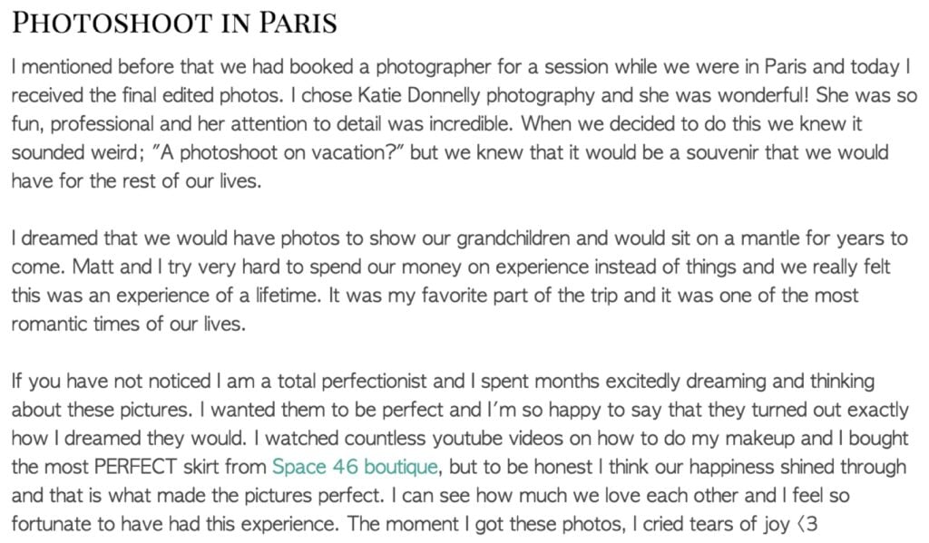 Screenshot of the client's blog post about her photoshoot in Paris with Katie Donnelly Photography