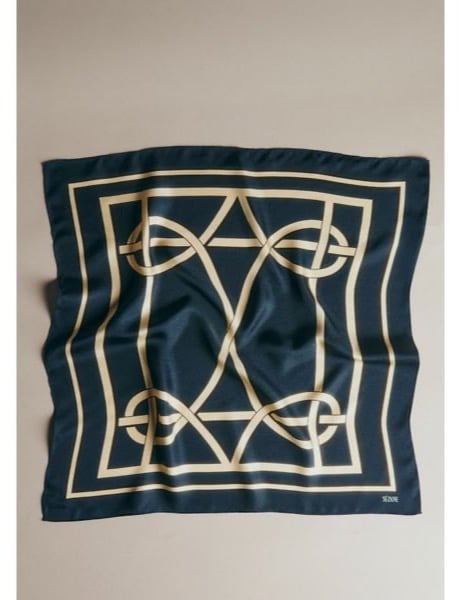 Sézane Cléo silk scarf in navy and cream, a Parisian accessory